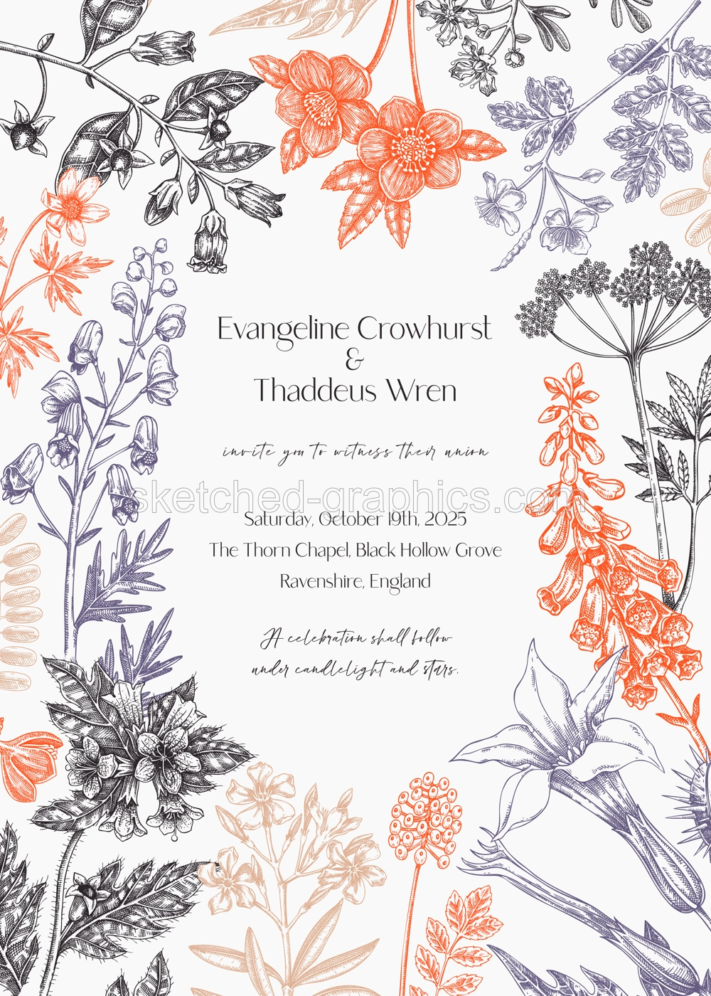 Poisonous plants hand drawn vector illustration. Gothic wedding invitation design template. Witchcraft,witch herbs apohecary frame.  NOT AI generated Illustration